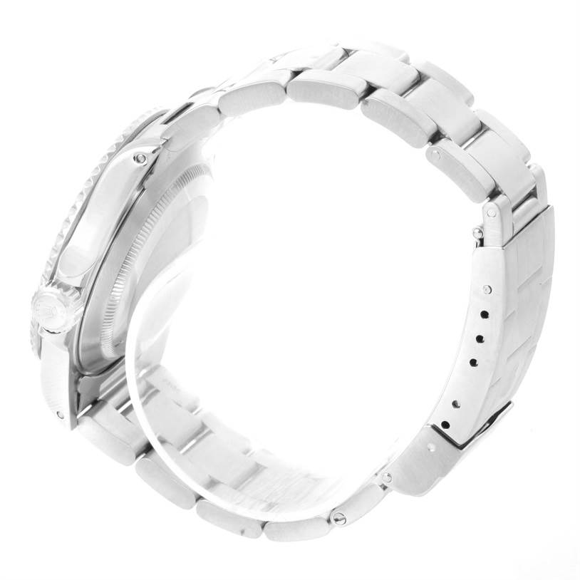 The image shows a side view of the Rolex Submariner 14060 Men
s Stainless Steel Black Dial 14060 Men
s Stainless Steel Black Dial watch, focusing on its bracelet and clasp.