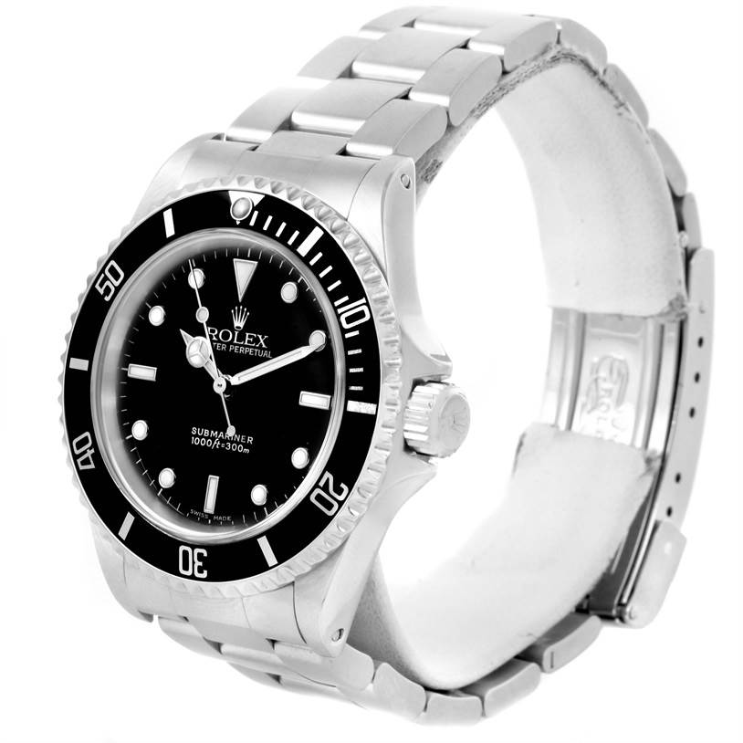 The image shows a front-angle view of a Rolex Submariner 14060 Men
s Stainless Steel Black Dial 14060 Men
s Stainless Steel Black Dial watch, highlighting its dial, bezel, and bracelet.