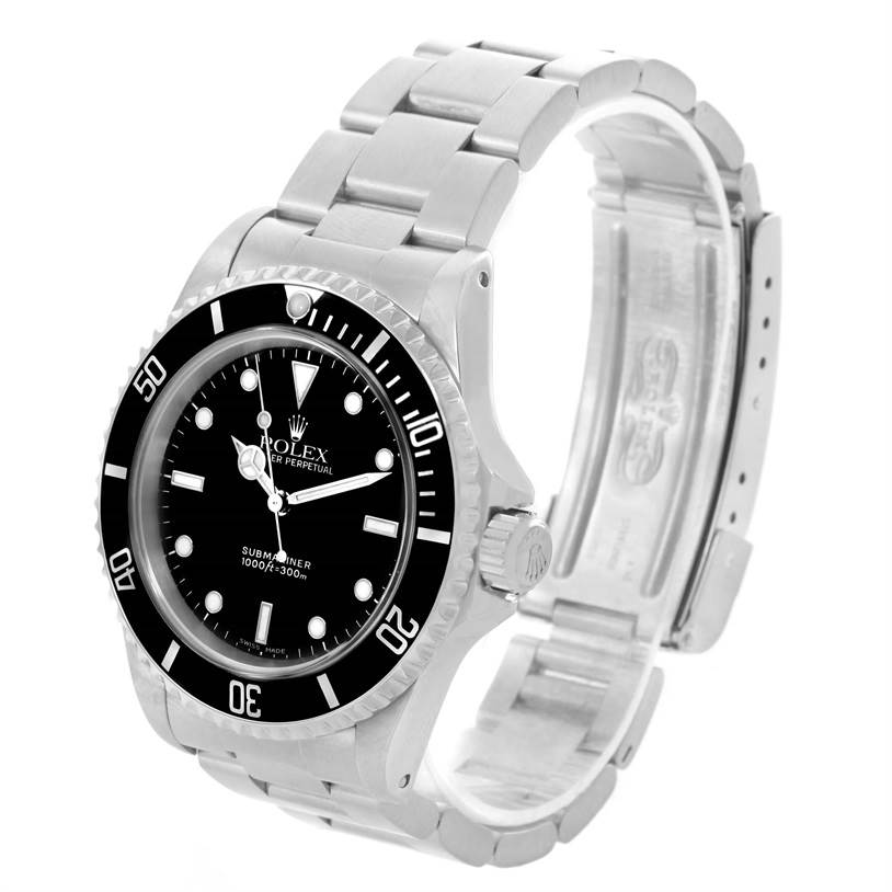 The image shows a Rolex Submariner 14060 Men
s Stainless Steel Black Dial 14060 Men
s Stainless Steel Black Dial watch from a side angle, highlighting the face, bezel, crown, and metal bracelet.