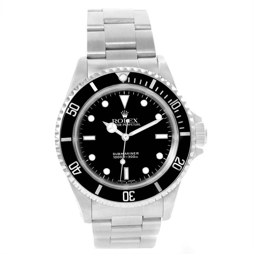 The image shows a front view of a Rolex Submariner 14060 Men
s Stainless Steel Black Dial 14060 Men
s Stainless Steel Black Dial watch, detailing the face, bezel, and bracelet.