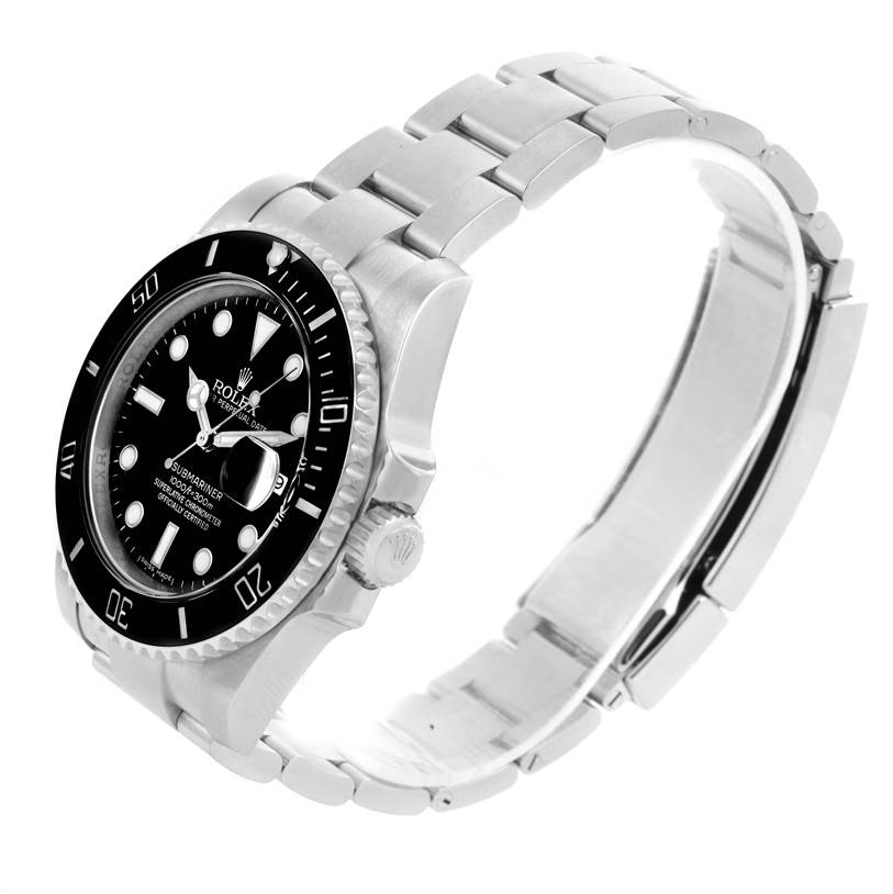 The image shows a side angled view of a Rolex Submariner 116610 Men
s Stainless Steel Black Dial 116610 Men
s Stainless Steel Black Dial watch, highlighting the dial, bezel, and stainless steel bracelet.