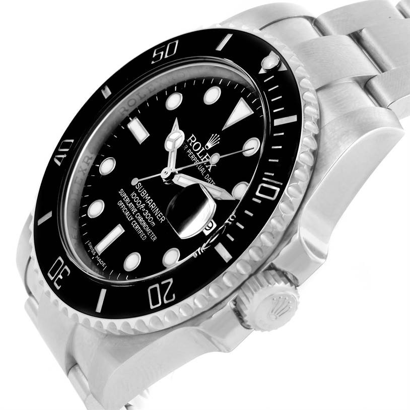 This image shows a Rolex Submariner 116610 Men
s Stainless Steel Black Dial 116610 Men
s Stainless Steel Black Dial watch from an angled side view, including the dial, bezel, crown, and part of the bracelet.