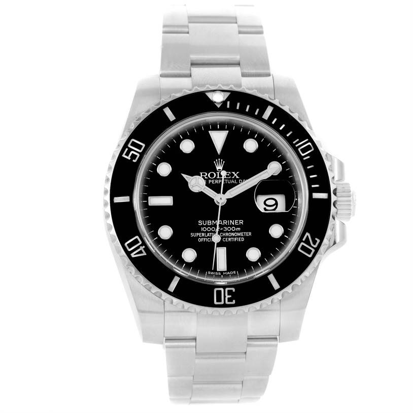 The image shows a front view of a Rolex Submariner 116610 Men
s Stainless Steel Black Dial 116610 Men
s Stainless Steel Black Dial watch displaying its face, bezel, and stainless steel bracelet.