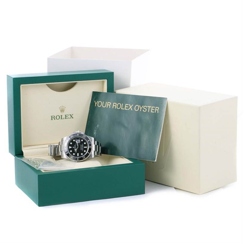 A Rolex Submariner 116610 Men
s Stainless Steel Black Dial 116610 Men
s Stainless Steel Black Dial watch is displayed in an open box with its manual and packaging visible from a frontal angle.
