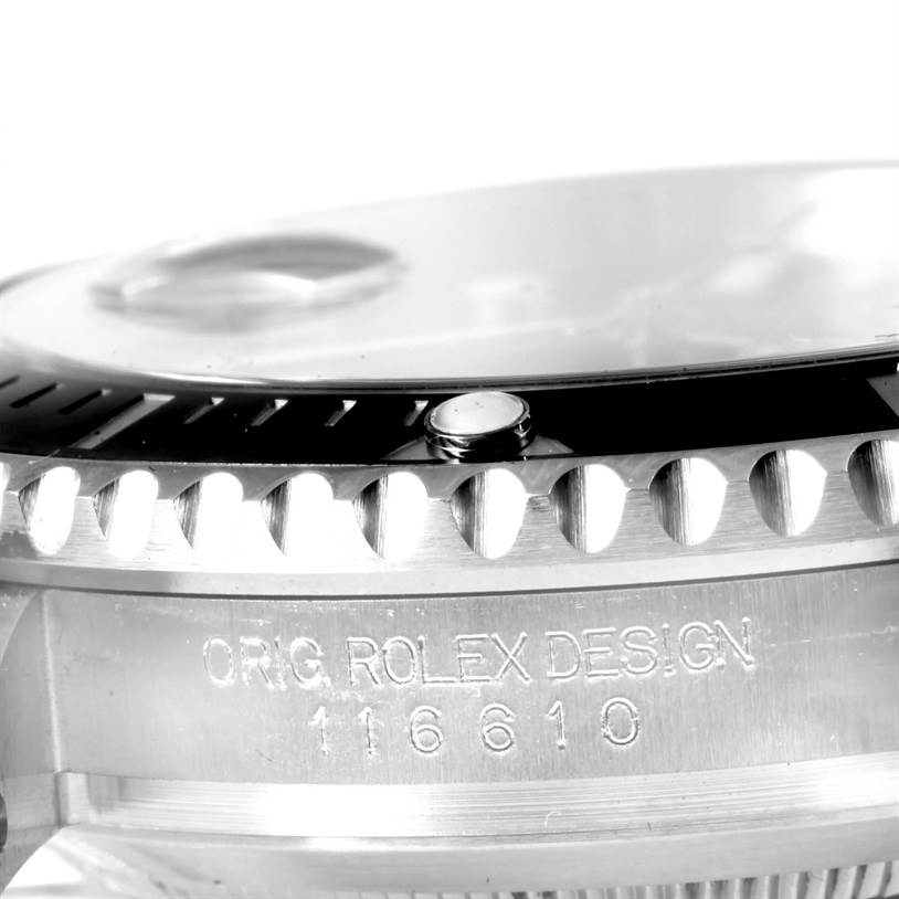 This close-up angle shows the bezel, crown, and parts of the case of the Rolex Submariner 116610 Men
s Stainless Steel Black Dial 116610 Men
s Stainless Steel Black Dial watch model 116610.
