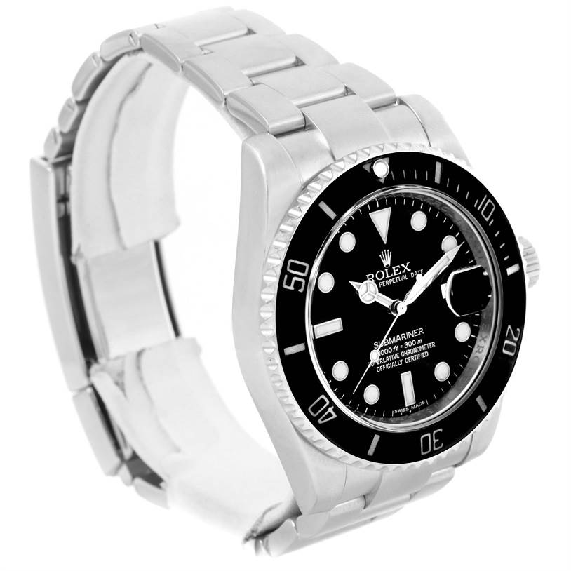 The image shows a Rolex Submariner 116610 Men
s Stainless Steel Black Dial 116610 Men
s Stainless Steel Black Dial watch at a three-quarter angle, displaying its dial, bezel, case, and band.