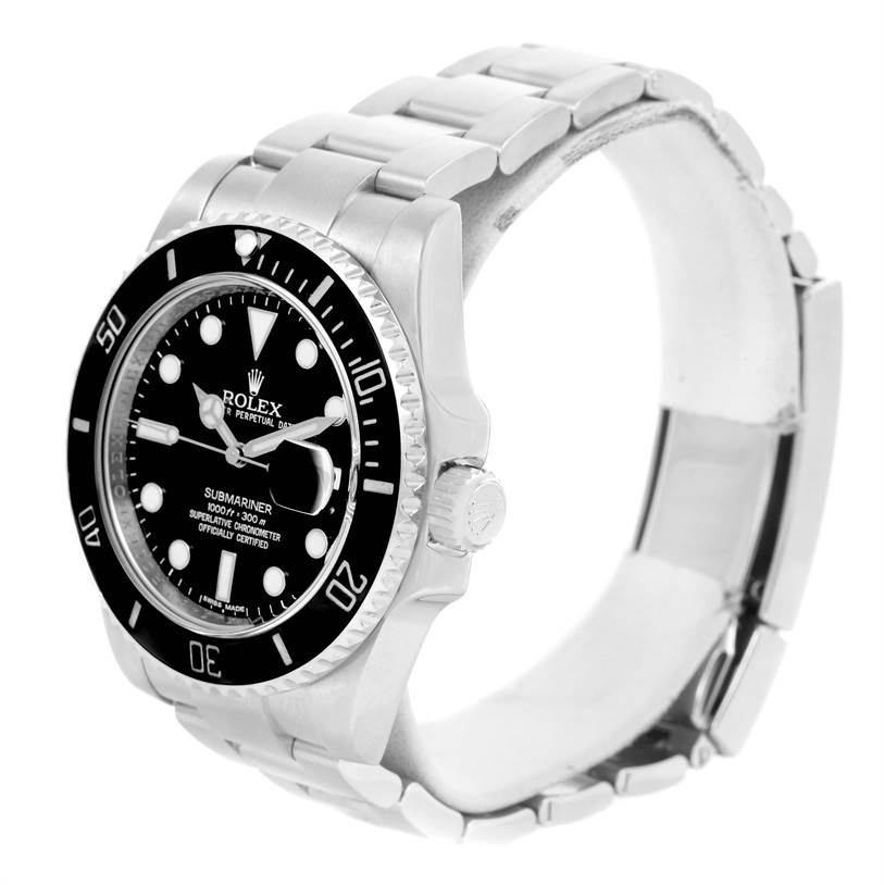 This image shows a side angle of a Rolex Submariner 116610 Men
s Stainless Steel Black Dial 116610 Men
s Stainless Steel Black Dial watch, highlighting the watch face, bezel, crown, and part of the bracelet.