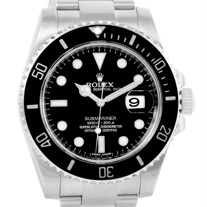 This image shows a front view of a Rolex Submariner 116610 Men
s Stainless Steel Black Dial 116610 Men
s Stainless Steel Black Dial watch, displaying its face, bezel, and part of the bracelet.