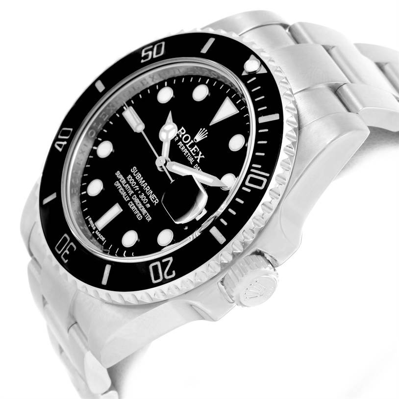 The image shows a Rolex Submariner 116610 Men
s Stainless Steel Black Dial 116610 Men
s Stainless Steel Black Dial watch at a three-quarter angle, highlighting the dial, bezel, and part of the bracelet.