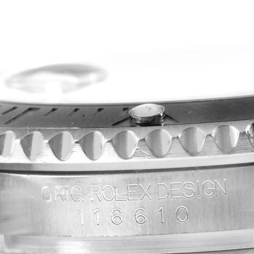 The image shows a close-up of the bezel and case side of the Rolex Submariner 116610 Men
s Stainless Steel Black Dial 116610 Men
s Stainless Steel Black Dial, with the model number 116610 engraved.