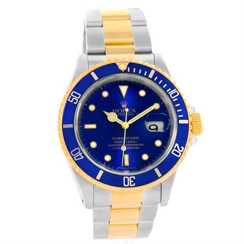 The Rolex Submariner 16613 Men
s Steel and Gold (two tone) Black Dial 16613 Men
s Steel and Gold (two tone) Black Dial watch is shown from the front, displaying its blue and gold bezel, dial, and two-tone bracelet.