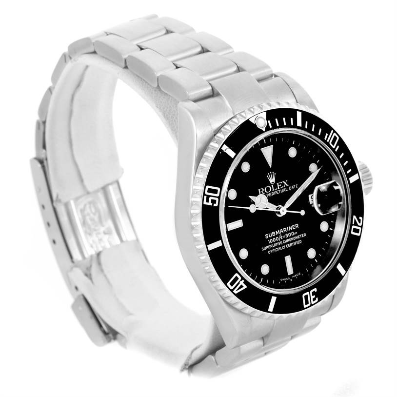 The Rolex Submariner 16610 Men
s Stainless Steel Black Dial 16610 Men
s Stainless Steel Black Dial watch is shown at an angled side view, displaying its face, bezel, and bracelet.