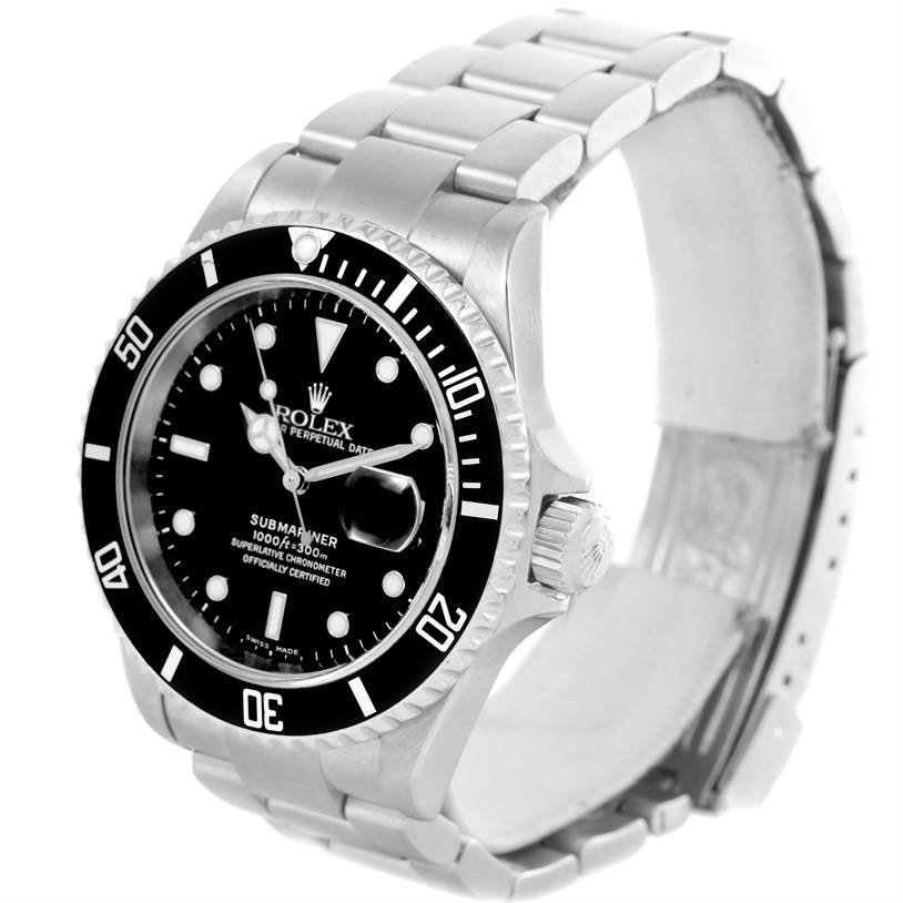 The image shows a side and front view of a Rolex Submariner 16610 Men
s Stainless Steel Black Dial 16610 Men
s Stainless Steel Black Dial watch with a black dial, bezel, and stainless steel bracelet.