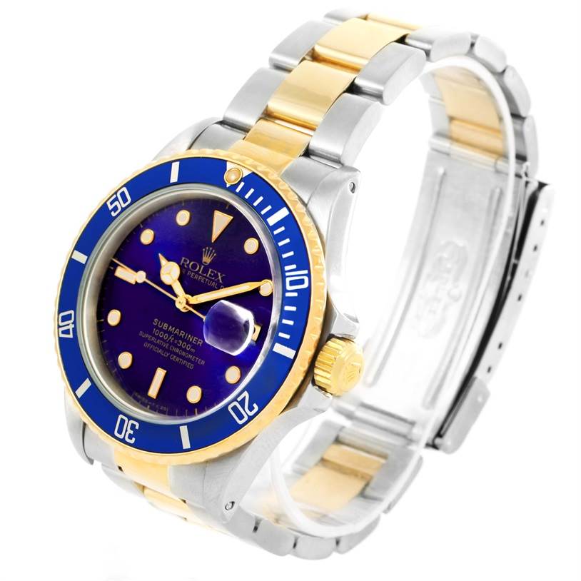 This image shows a Rolex Submariner 16803 Men's Steel and Gold (two tone) Blue Dial 16803 Men's Steel and Gold (two tone) Blue Dial at an angle displaying the face, bezel, crown, and part of the bracelet.