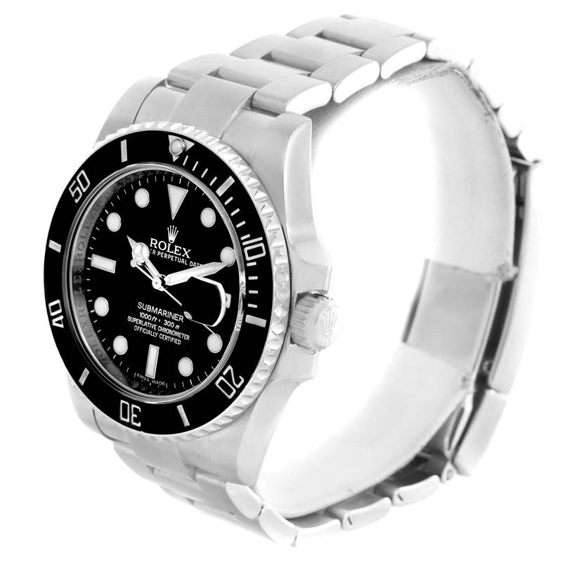 The Submariner by Rolex is shown from a slight angled perspective, highlighting its bezel, dial, crown, and metal bracelet.