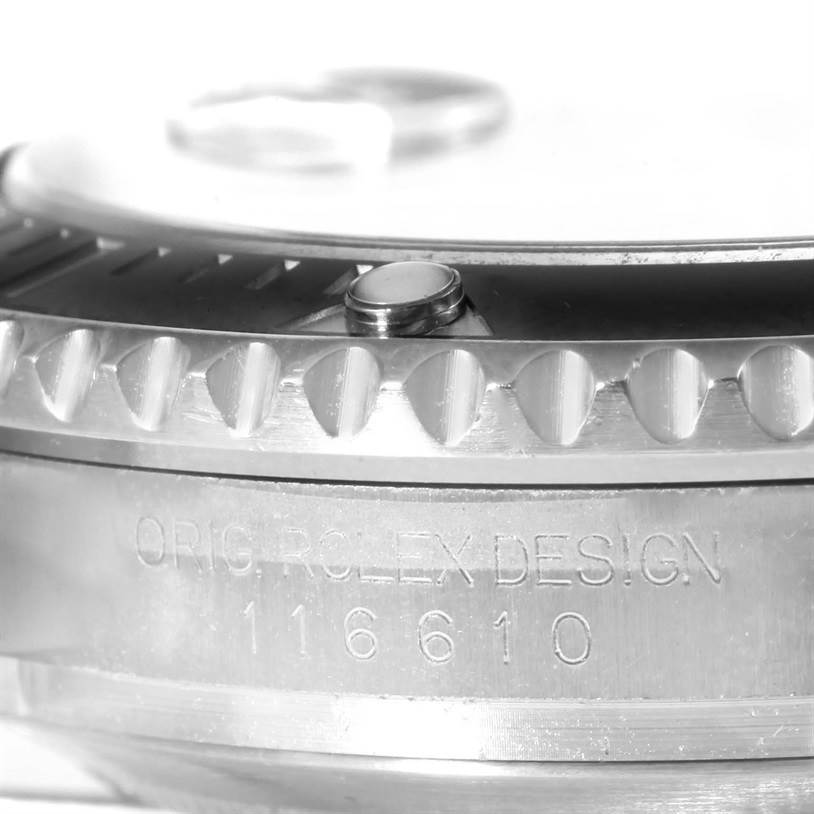 This image shows a close-up side angle of the Rolex Submariner 116610 Men
s Stainless Steel Black Dial 116610 Men
s Stainless Steel Black Dial, focusing on the bezel and engraving with the model number 116610.