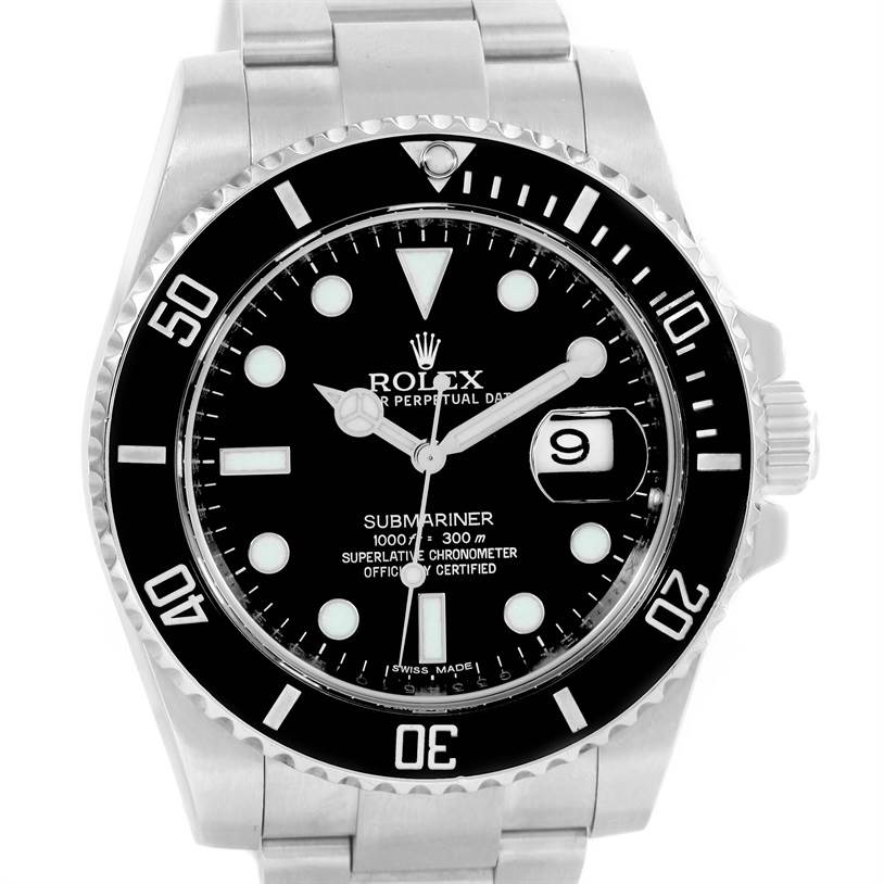The image shows a frontal view of a Rolex Submariner 116610 Men
s Stainless Steel Black Dial 116610 Men
s Stainless Steel Black Dial watch, highlighting its dial, bezel, hands, and bracelet.