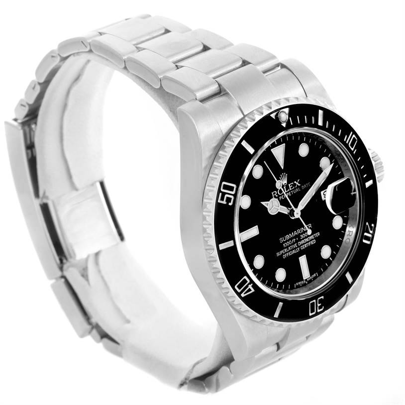 The image shows a Rolex Submariner 116610 Men
s Stainless Steel Black Dial 116610 Men
s Stainless Steel Black Dial watch from a three-quarter angle, highlighting the dial, bezel, and part of the bracelet.