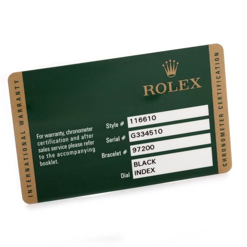 The image shows the international warranty card for the Rolex Submariner 116610 Men
s Stainless Steel Black Dial 116610 Men
s Stainless Steel Black Dial model.