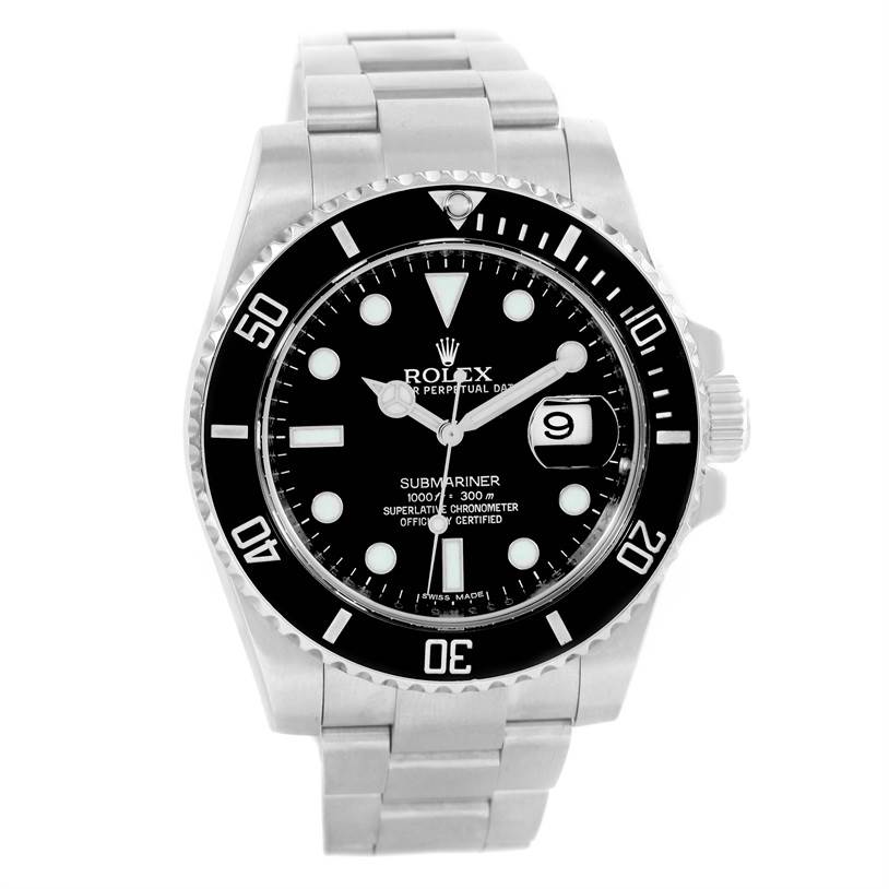 This image shows a frontal view of a Rolex Submariner 116610 Men
s Stainless Steel Black Dial 116610 Men
s Stainless Steel Black Dial watch, highlighting the black dial, bezel, and stainless steel bracelet.