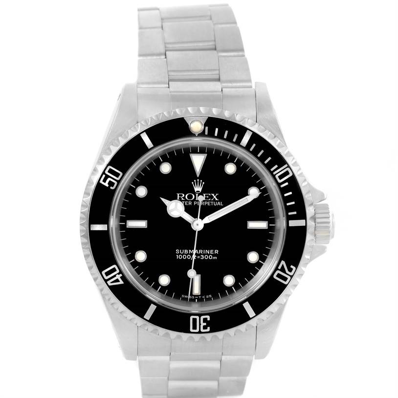 The image shows a front view of a Rolex Submariner 14060 Men
s Stainless Steel Black Dial 14060 Men
s Stainless Steel Black Dial watch, including its dial, bezel, and bracelet.