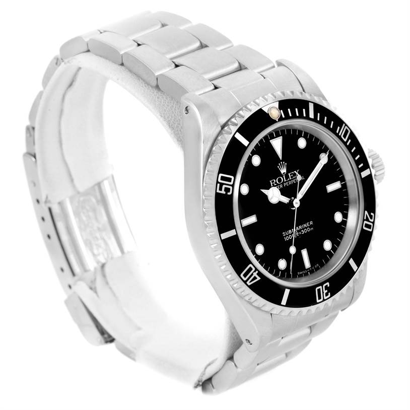 This image shows a Rolex Submariner 14060 Men
s Stainless Steel Black Dial 14060 Men
s Stainless Steel Black Dial watch at a three-quarter angle displaying the dial, bezel, case, and full bracelet.