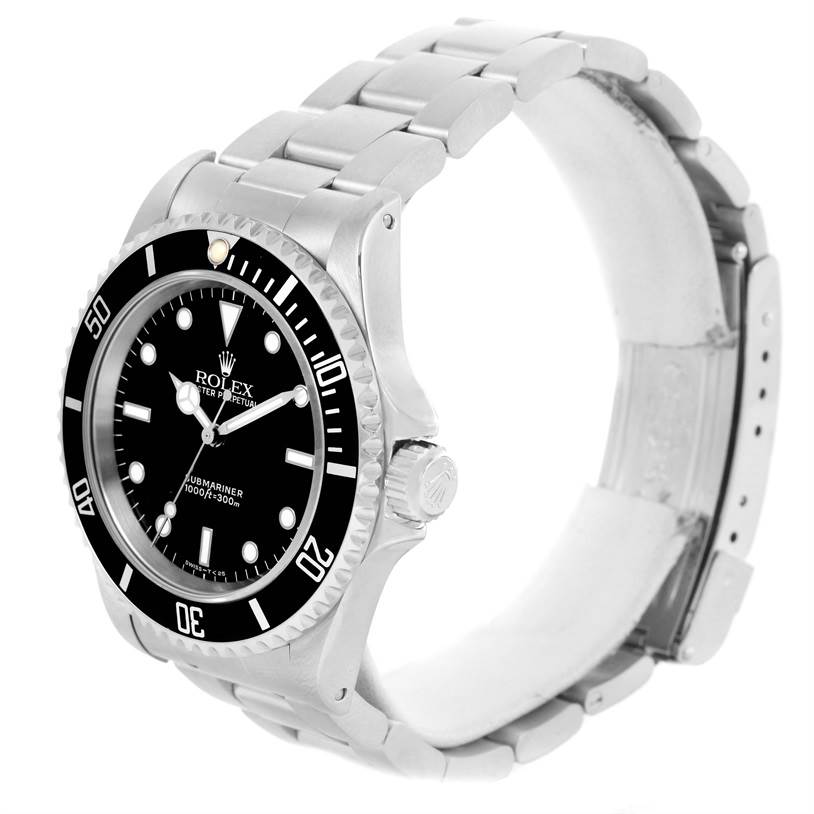 This Rolex Submariner 14060 Men
s Stainless Steel Black Dial 14060 Men
s Stainless Steel Black Dial watch is shown at a slight angle featuring its face, bezel, crown, and bracelet.