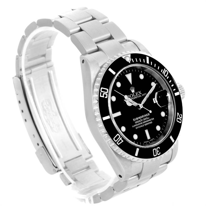 The image shows a Rolex Submariner 16610 Men
s Stainless Steel Black Dial 16610 Men
s Stainless Steel Black Dial watch at a three-quarter angle, highlighting its face, bezel, and bracelet.