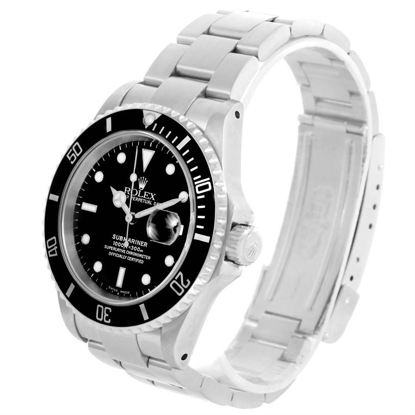 The image shows a Rolex Submariner 16610 Men
s Stainless Steel Black Dial 16610 Men
s Stainless Steel Black Dial watch at an angle showcasing its dial, bezel, and bracelet.