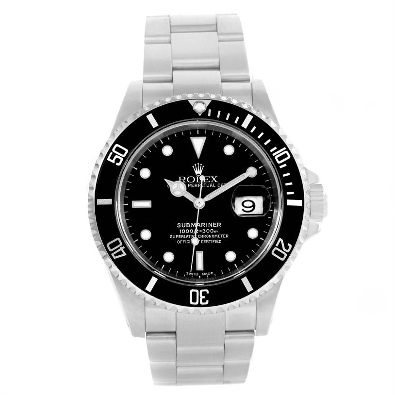 The image shows a front view of the Rolex Submariner 16610 Men
s Stainless Steel Black Dial 16610 Men
s Stainless Steel Black Dial watch, including its face, bezel, and bracelet.