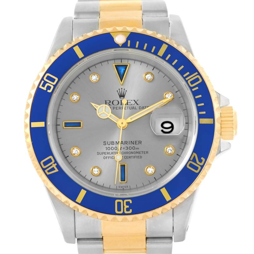 This image shows a front view of a Rolex Submariner 16613 Men
s Steel and Gold (two tone) Grey Dial 16613 Men
s Steel and Gold (two tone) Grey Dial watch, highlighting its bezel, face, and partially visible bracelet.