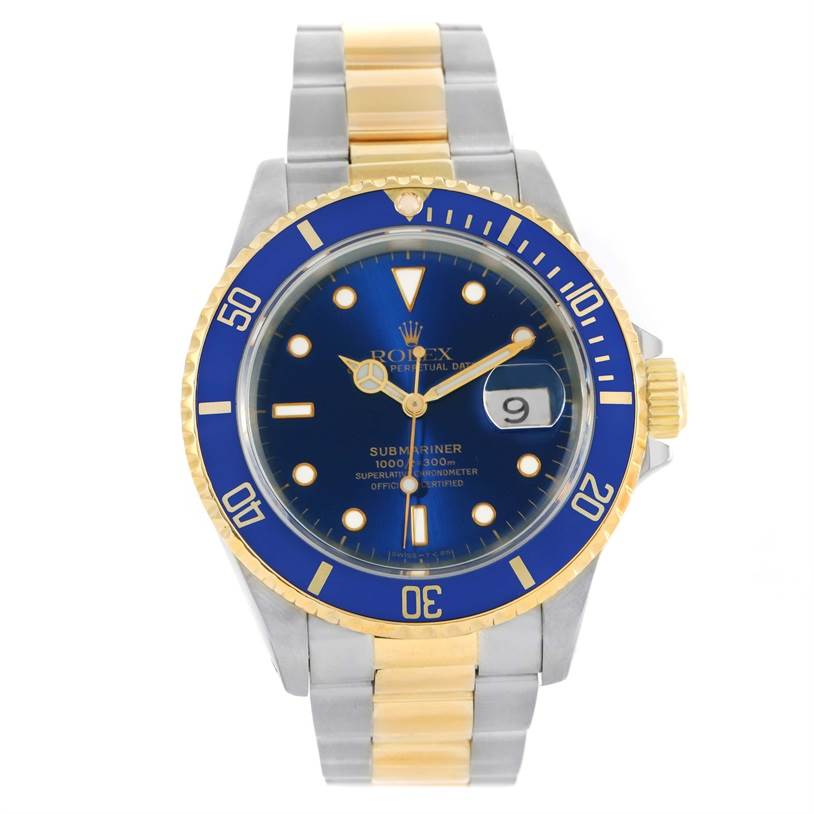 The image shows a front view of a Rolex Submariner 16613 Men
s Steel and Gold (two tone) Black Dial 16613 Men
s Steel and Gold (two tone) Black Dial watch with a blue dial and two-tone metal bracelet.