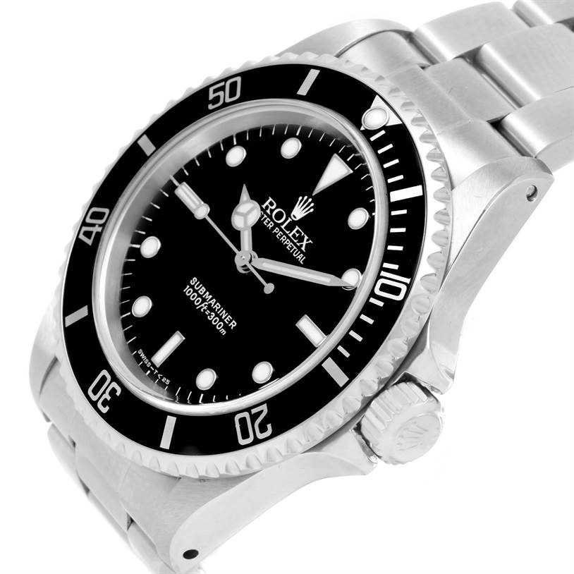 This image shows a side and partial front angle of a Rolex Submariner 14060 Men
s Stainless Steel Black Dial 14060 Men
s Stainless Steel Black Dial, highlighting its bezel, dial, crown, and bracelet.