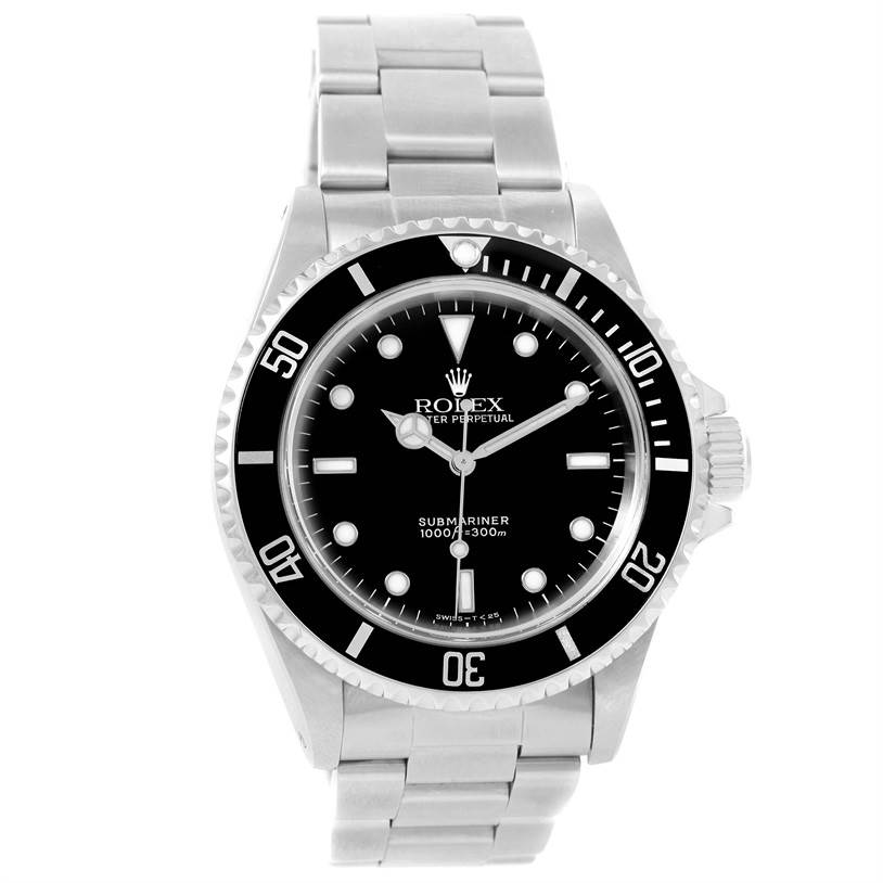 This Rolex Submariner 14060 Men
s Stainless Steel Black Dial 14060 Men
s Stainless Steel Black Dial watch is shown from a straight-on angle, displaying the face, bezel, crown, and bracelet.