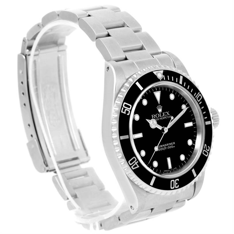 The Rolex Submariner 14060 Men
s Stainless Steel Black Dial 14060 Men
s Stainless Steel Black Dial watch is shown from a slightly angled side view, highlighting the face, bezel, and part of the bracelet.