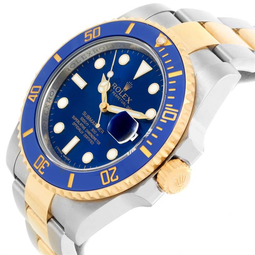 The image shows a side angle of a Rolex Submariner 116613 Men's Steel and Gold (two tone) Blue Dial 116613 Men's Steel and Gold (two tone) Blue Dial, highlighting its blue and gold bezel, dial, and two-tone bracelet.