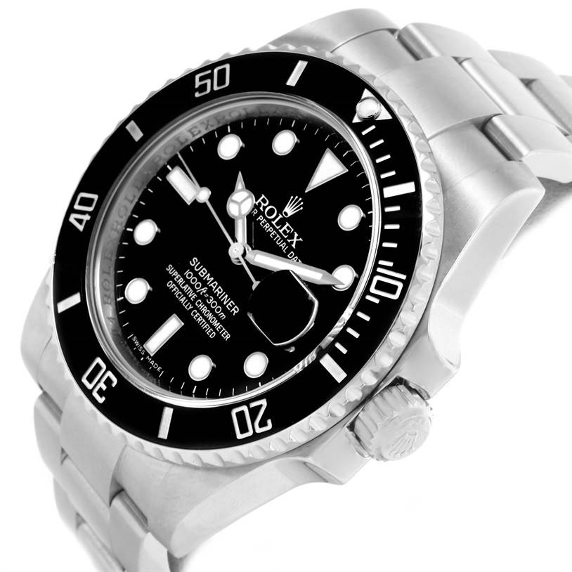 The image shows a Rolex Submariner 116610 Men
s Stainless Steel Black Dial 116610 Men
s Stainless Steel Black Dial watch angled to display the face, bezel, crown, and part of the bracelet.