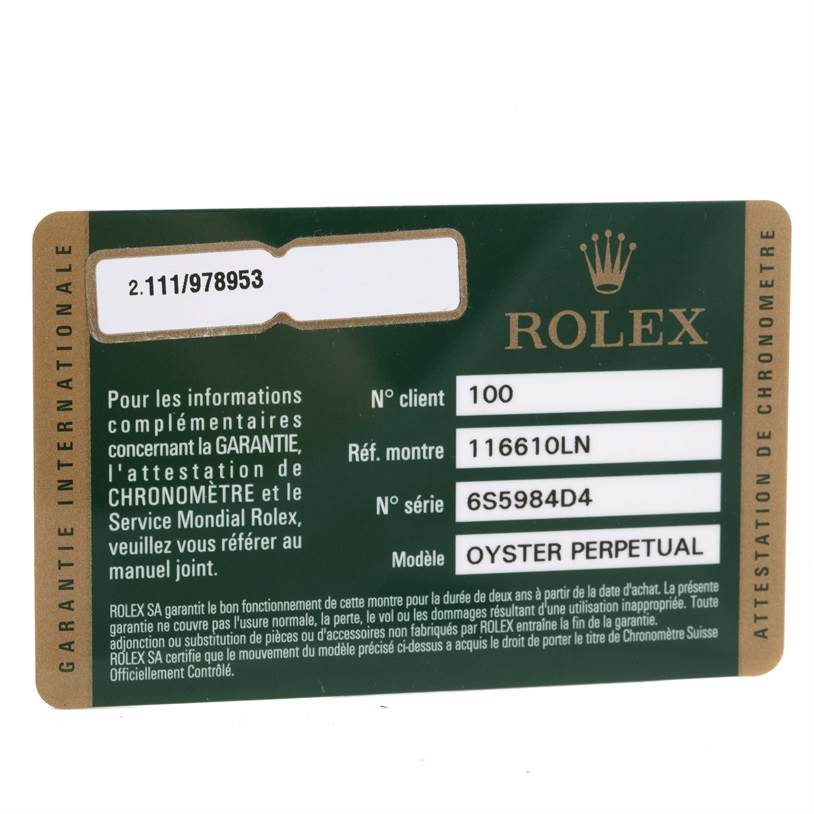 This image shows a Rolex Submariner 116610 Men
s Stainless Steel Black Dial 116610 Men
s Stainless Steel Black Dial model 116610LN warranty card with client, reference, and serial numbers displayed.