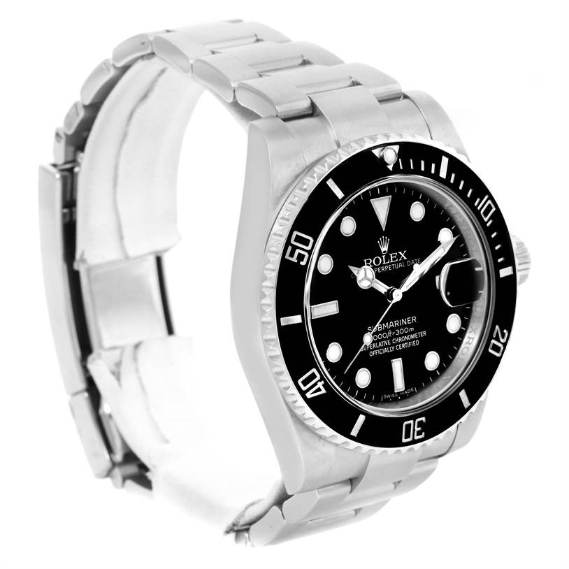 The image shows a side angle view of the Rolex Submariner 116610 Men
s Stainless Steel Black Dial 116610 Men
s Stainless Steel Black Dial watch, highlighting the face, bezel, and bracelet.