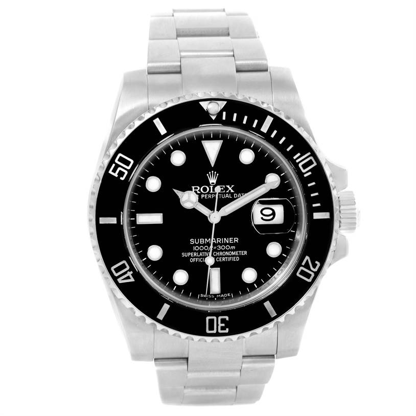 This image shows a front view of a Rolex Submariner 116610 Men
s Stainless Steel Black Dial 116610 Men
s Stainless Steel Black Dial, displaying the dial, bezel, crown, and part of the bracelet.