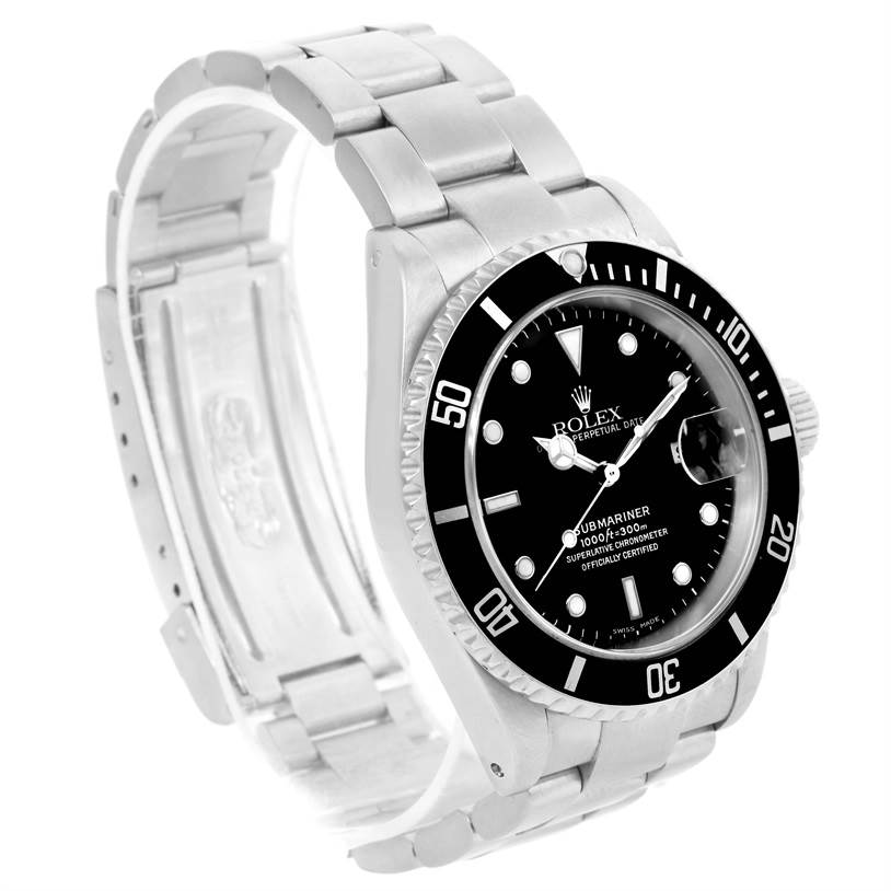 The Rolex Submariner 16610 Men
s Stainless Steel Black Dial 16610 Men
s Stainless Steel Black Dial watch is shown at a three-quarter angle, displaying the face, bezel, and bracelet links.