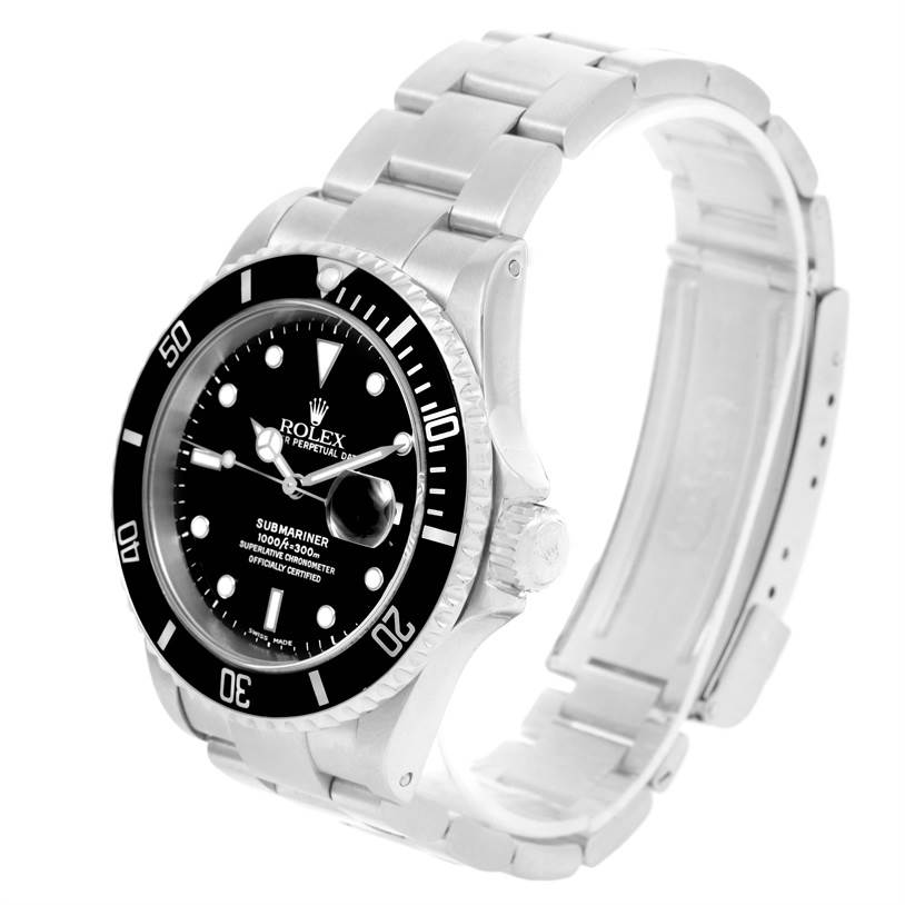 The image shows a side angle of a Rolex Submariner 16610 Men
s Stainless Steel Black Dial 16610 Men
s Stainless Steel Black Dial watch, highlighting the dial, bezel, crown, and bracelet.