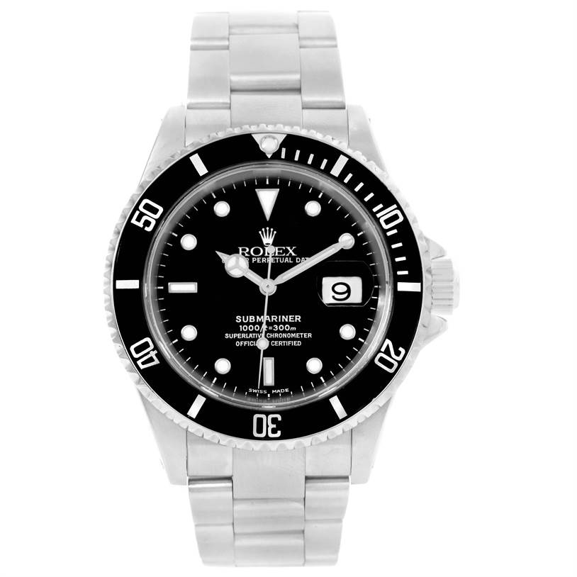 This image shows a front view of a Rolex Submariner 16610 Men
s Stainless Steel Black Dial 16610 Men
s Stainless Steel Black Dial watch displaying its face, bezel, crown, and bracelet.