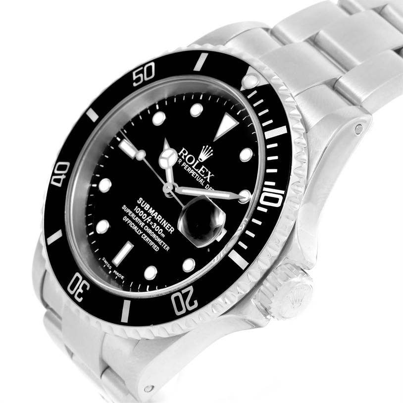 The image shows a Rolex Submariner 16610 Men
s Stainless Steel Black Dial 16610 Men
s Stainless Steel Black Dial watch at an angled top view, highlighting the dial, bezel, and bracelet.