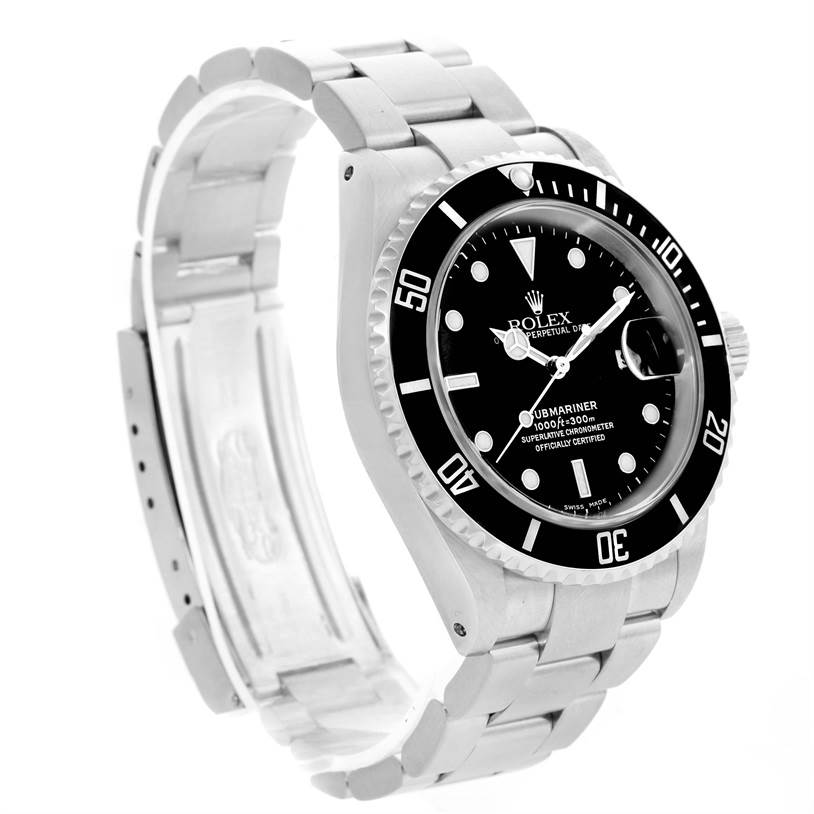 The image shows a Rolex Submariner 16610 Men's Stainless Steel Black Dial 16610 Men's Stainless Steel Black Dial watch angled to display the dial, bezel, and part of the bracelet.