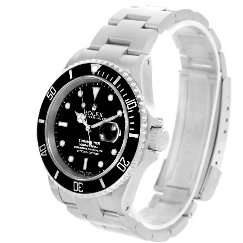 The image shows a Rolex Submariner 16610 Men's Stainless Steel Black Dial 16610 Men's Stainless Steel Black Dial watch at a three-quarter angle featuring its face, bezel, crown, and part of the bracelet.