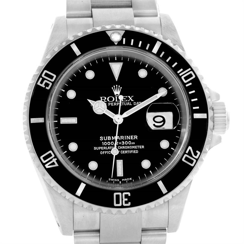 The image shows a frontal view of a Rolex Submariner 16610 Men's Stainless Steel Black Dial 16610 Men's Stainless Steel Black Dial watch, highlighting its black dial, date display, and stainless steel bracelet.