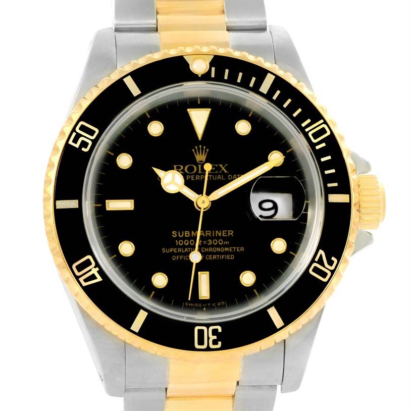 This image shows a front angle of the Rolex Submariner 16613 Men's Steel and Gold (two tone) Black Dial 16613 Men's Steel and Gold (two tone) Black Dial, highlighting its dial, bezel, and bracelet.