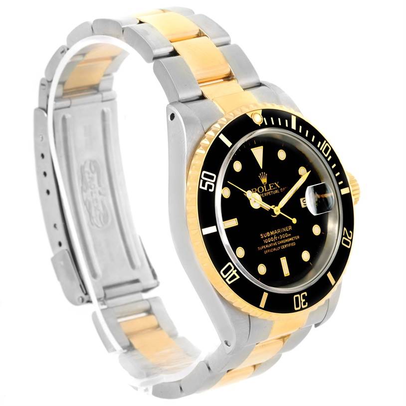 This image shows a side-view of a Rolex Submariner 16613 Men's Steel and Gold (two tone) Black Dial 16613 Men's Steel and Gold (two tone) Black Dial watch, featuring a two-tone gold and silver bracelet and a black dial with a gold bezel.