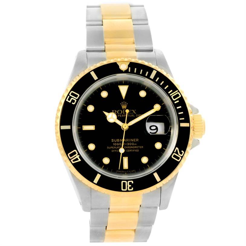 The image shows a frontal view of a Rolex Submariner 16613 Men's Steel and Gold (two tone) Black Dial 16613 Men's Steel and Gold (two tone) Black Dial watch, displaying the dial, bezel, and two-tone bracelet.